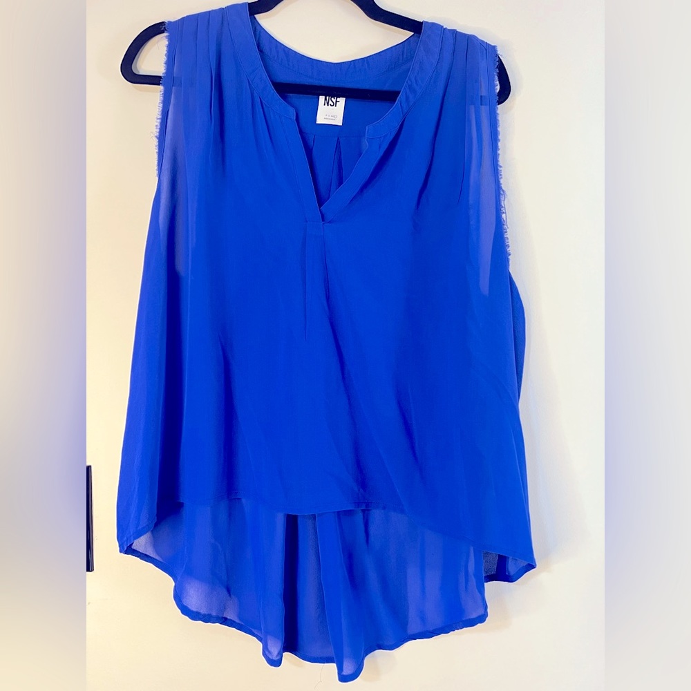 NSF top, sleeveless sheer silk, blu